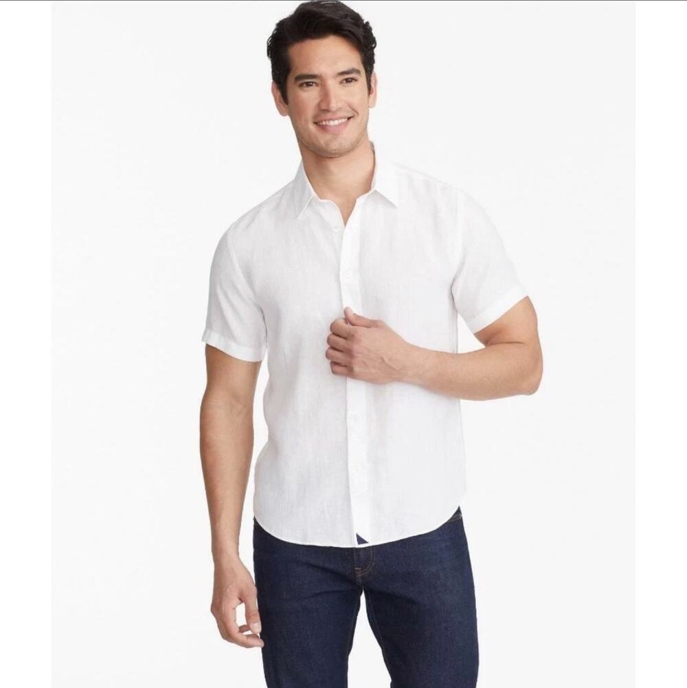 UnTuckit Calvano Wrinkle Resistant 100% Linen White Short Sleeve Shirt Men's M